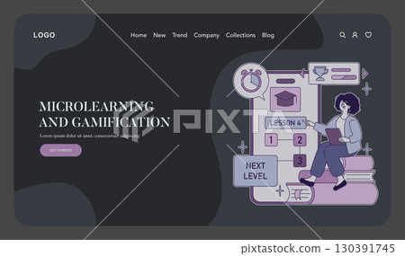 Vector illustration showing a person interacting with a digital learning interface labeled "Lesson 4." The image highlights elements of gamification and microlearning in education. 130391745