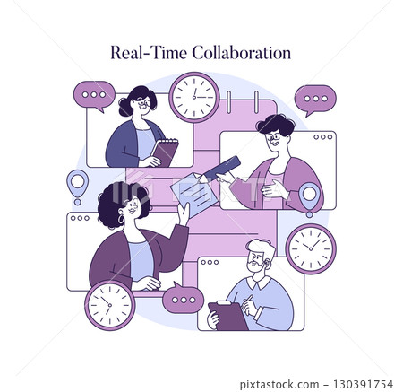 Vector illustration of a team engaged in real-time collaboration, featuring diverse individuals communicating and working together using digital tools, clocks, and dialog boxes. 130391754