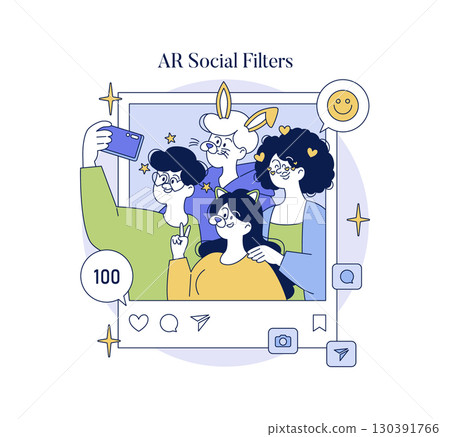 Vector illustration of animated characters taking a selfie with fun AR social filters. Diverse expressions and playful accessories highlight the creative use of digital effects in social sharing. Vector illustration of animated characters taking a selfie with fun AR social filters. Diverse expressions and playful accessories highlight the creative use of digital effects in social sharing. 130391766