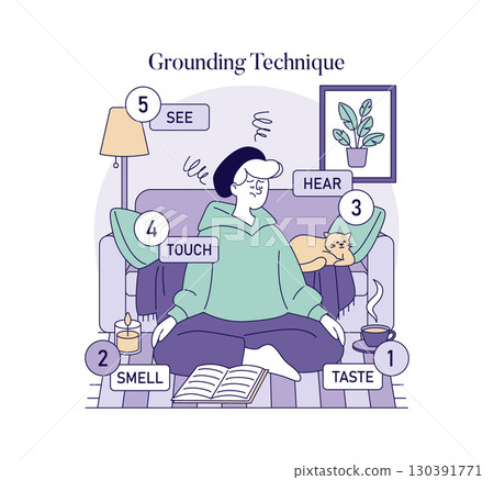Vector illustration of a person practicing grounding techniques. The person sits calmly with closed eyes, focusing on the five senses. A cat and a cup of tea add a cozy touch. Vector illustration of a person practicing grounding techniques. The person sits calmly with closed eyes, focusing on the five senses. A cat and a cup of tea add a cozy touch. 130391771