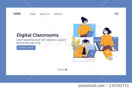 Vector illustration showcasing students in a digital classroom setting engaged in online learning. Depiction of multiple students using laptops for education in a virtual environment. 130391772