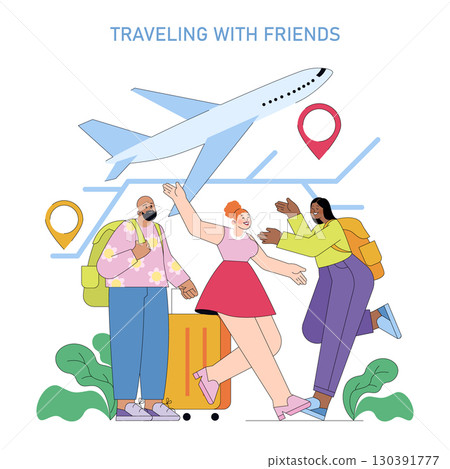 Vector illustration of three friends joyfully preparing for a trip with luggage and a plane in the background. They express excitement and togetherness, representing travel and friendship. 130391777