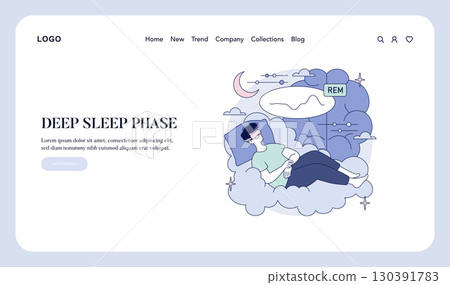 Vector illustration of a person peacefully sleeping on clouds depicting the REM phase of deep sleep, surrounded by dream symbols. Calming design for sleep and relaxation topics. Vector illustration of a person peacefully sleeping on clouds depicting the REM phase of deep sleep, surrounded by dream symbols. Calming design for sleep and relaxation topics. 130391783