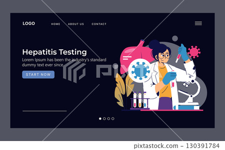 Vector illustration of a scientist performing hepatitis testing in a lab setting. Woman in lab coat holding test tube, microscope and virus symbol featured prominently in design. 130391784