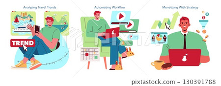 Vector illustration displaying digital trends analysis, workflow automation, and strategic monetization concepts through vibrant graphics of people using technology and graphs. Vector illustration displaying digital trends analysis, workflow automation, and strategic monetization concepts through vibrant graphics of people using technology and graphs. 130391788