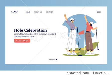 Vector illustration of two golfers celebrating after a successful shot. The digital artwork captures their excitement and joy on the golf course, embodying sportsmanship and leisure. Vector illustration of two golfers celebrating after a successful shot. The digital artwork captures their excitement and joy on the golf course, embodying sportsmanship and leisure. 130391809