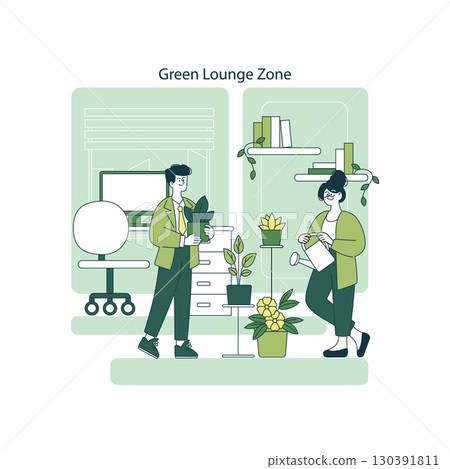 Vector illustration showcasing a green lounge zone in an office setting. Two people are tending to plants, creating a peaceful and eco-friendly work environment with greenery. 130391811