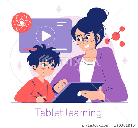 Mother and child using a tablet for educational purposes. Engaging visual of digital learning with video content displayed on screen. Perfect for illustrating tech in education concepts. Mother and child using a tablet for educational purposes. Engaging visual of digital learning with video content displayed on screen. Perfect for illustrating tech in education concepts. 130391819