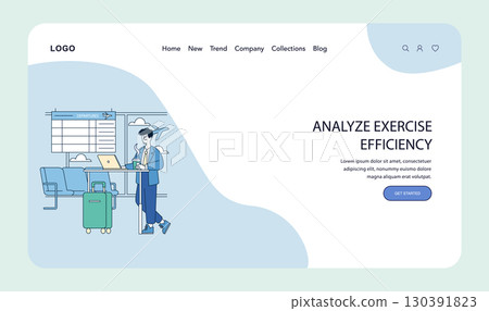 Business traveler standing in an airport lounge with a laptop, holding a coffee. Background includes a departure board and luggage. Vector illustration emphasizing travel efficiency. 130391823