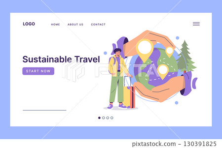 Vector illustration depicting a traveler with luggage next to a globe surrounded by hands and location markers, highlighting sustainable travel and eco-friendly tourism. 130391825