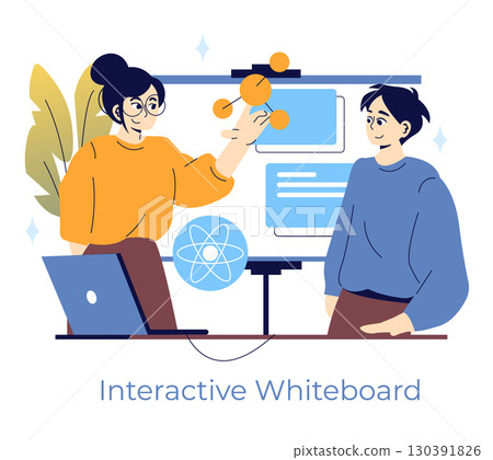 Vector illustration of two people collaborating at an interactive whiteboard. One person points to diagrams, engaging in a dynamic educational or business presentation setting. 130391826