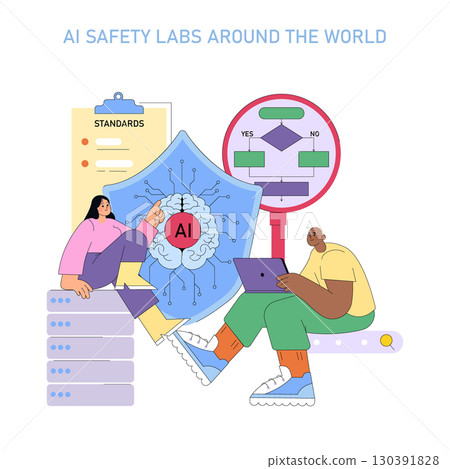 Vector illustration depicting AI safety labs with two individuals discussing AI standards and decision-making processes. Features elements like a data server, flowchart, and shield symbolizing 130391828