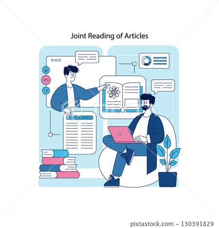Vector illustration of two people engaged in collaborative article review. One person points to a screen displaying scientific content while the other sits with a laptop, signifying teamwork and 130391829