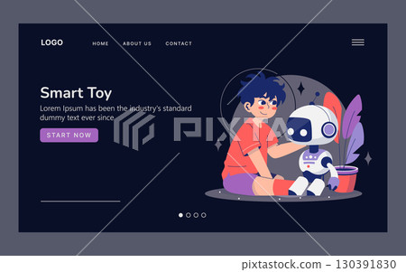 Vector illustration of a child interacting with a robot toy on a website banner. The bright design emphasizes the theme of smart toys. Perfect for websites related to technology and education. Vector illustration of a child interacting with a robot toy on a website banner. The bright design emphasizes the theme of smart toys. Perfect for websites related to technology and education. 130391830