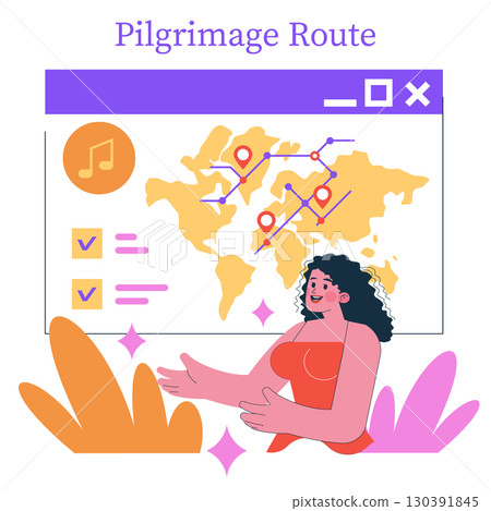 Vector illustration of a woman enthusiastically planning a pilgrimage route using a world map with marked locations. Interactive elements suggest a digital setting. 130391845