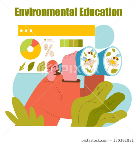 Vector illustration of environmental education highlighting a person observing nature through binoculars. A chart with leaves and flowers emphasizes sustainability and eco-awareness. Vector illustration of environmental education highlighting a person observing nature through binoculars. A chart with leaves and flowers emphasizes sustainability and eco-awareness. 130391851
