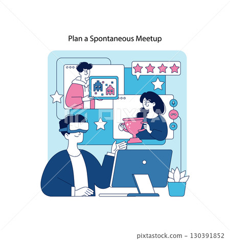 Vector illustration showing a virtual team collaboration with individuals using technology for communication. Features diverse team celebrating success with VR and online platforms. Vector illustration showing a virtual team collaboration with individuals using technology for communication. Features diverse team celebrating success with VR and online platforms. 130391852