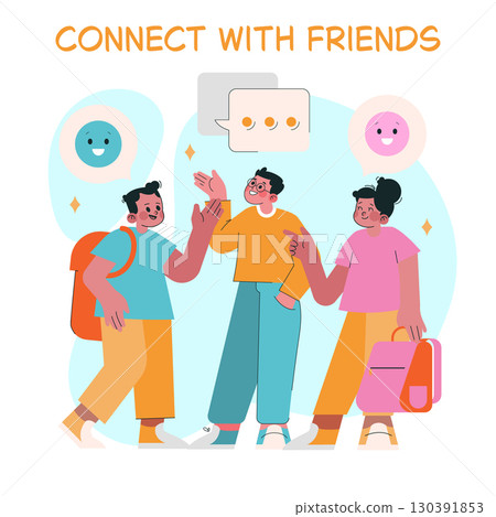 Vector illustration depicting three friends engaged in a lively conversation, smiling and expressing positive emotions as they connect with each other in a friendly setting. Vector illustration depicting three friends engaged in a lively conversation, smiling and expressing positive emotions as they connect with each other in a friendly setting. 130391853