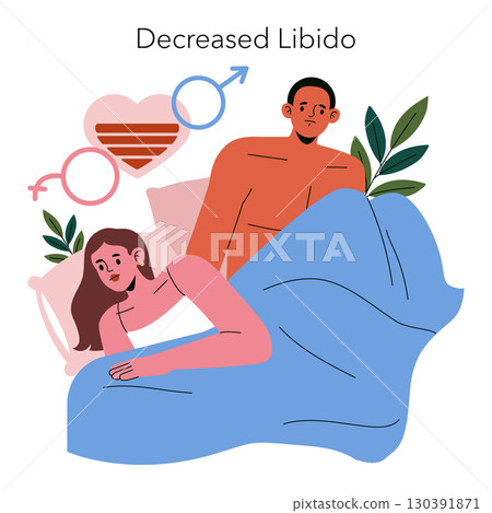 This vector illustration depicts a couple in bed, highlighting decreased libido. The woman looks pensive while the man appears concerned, conveying emotional distance and relationship challenges. This vector illustration depicts a couple in bed, highlighting decreased libido. The woman looks pensive while the man appears concerned, conveying emotional distance and relationship challenges. 130391871
