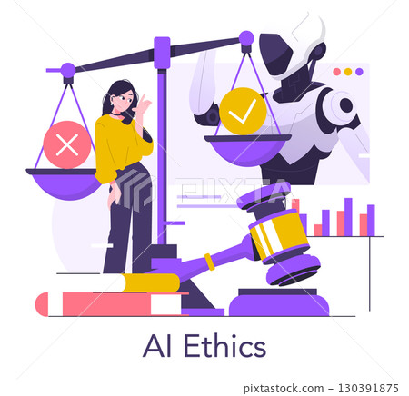 Vector illustration depicting AI ethics, featuring a robot and a person with a justice scale. The action emphasizes the balance of ethical considerations in artificial intelligence. 130391875