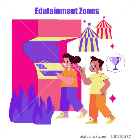 Vector illustration of two kids enthusiastically playing an arcade game in an edutainment zone. The scene highlights joy and excitement as they engage with the interactive display. Vector illustration of two kids enthusiastically playing an arcade game in an edutainment zone. The scene highlights joy and excitement as they engage with the interactive display. 130391877