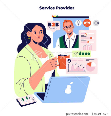 Business illustration showing a woman holding a coffee cup while participating in an online B2B meeting. Includes charts, graphs, and done checklist on laptop screen. 130391878