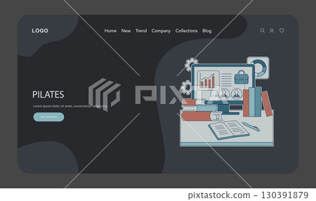 Vector illustration of an office workspace featuring a computer screen displaying analytics, books, and documents on a desk, suggesting a business or educational setting. 130391879