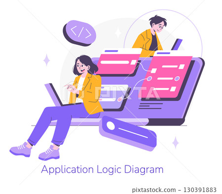 Vector illustration of developers creating an application logic diagram, focusing on teamwork and software development. Characters interact with digital diagrams on laptops. Vector illustration of developers creating an application logic diagram, focusing on teamwork and software development. Characters interact with digital diagrams on laptops. 130391883