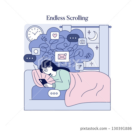 Vector illustration of a woman lying in bed, engaged in scrolling through her phone at night. She is surrounded by floating social media and messaging icons, indicating internet activity. 130391886
