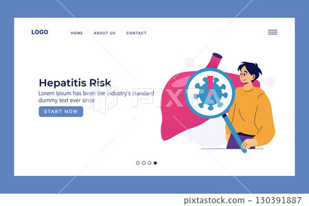Vector illustration showing a person observing a liver with a virus symbol under a magnifying glass, highlighting hepatitis risk awareness. Ideal for educational content on health topics. Vector illustration showing a person observing a liver with a virus symbol under a magnifying glass, highlighting hepatitis risk awareness. Ideal for educational content on health topics. 130391887