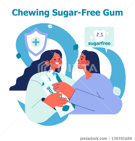 Vector illustration of two happy people with a gum package, highlighting the health benefits of sugar-free gum. Features dental health symbols and smiling interactions. Vector illustration of two happy people with a gum package, highlighting the health benefits of sugar-free gum. Features dental health symbols and smiling interactions. 130391889