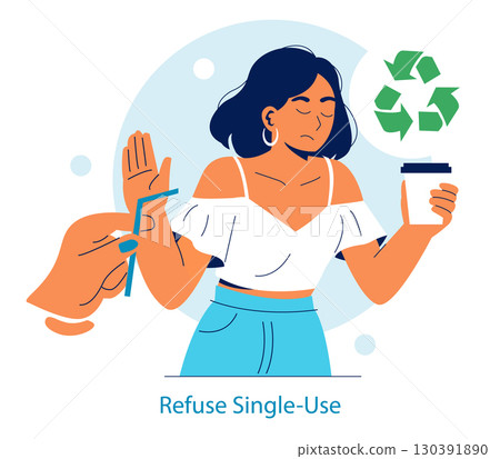 Vector illustration of a woman rejecting a single-use plastic straw while holding a reusable cup, emphasizing recycling and environmental awareness. Expression of determination and awareness. 130391890