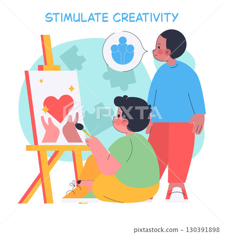 Child creatively painting a canvas with a heart and hands while an adult supervises. The illustration encourages creativity and learning in a supportive environment. Vector illustration. Child creatively painting a canvas with a heart and hands while an adult supervises. The illustration encourages creativity and learning in a supportive environment. Vector illustration. 130391898