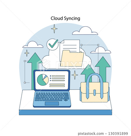 Vector illustration of cloud syncing with a laptop, depicting data upload and download through cloud storage. Includes charts, folders, arrows, and security lock symbols. Vector illustration of cloud syncing with a laptop, depicting data upload and download through cloud storage. Includes charts, folders, arrows, and security lock symbols. 130391899
