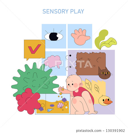 Colorful vector illustration of a toddler engaging in sensory play with various objects like a toy duck and sea items, designed to stimulate touch, sight, and curiosity. Colorful vector illustration of a toddler engaging in sensory play with various objects like a toy duck and sea items, designed to stimulate touch, sight, and curiosity. 130391902