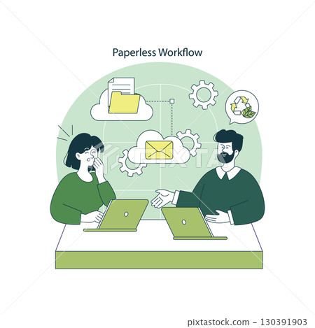 Vector illustration of a paperless workflow concept showing two people using laptops. Background includes cloud storage and email icons, symbolizing digital collaboration. 130391903