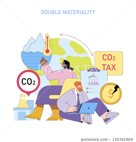 Colorful vector illustration depicting double materiality concept with individuals interacting with climate change elements, including CO2, tax implications, and global warming impact. Colorful vector illustration depicting double materiality concept with individuals interacting with climate change elements, including CO2, tax implications, and global warming impact. 130391904