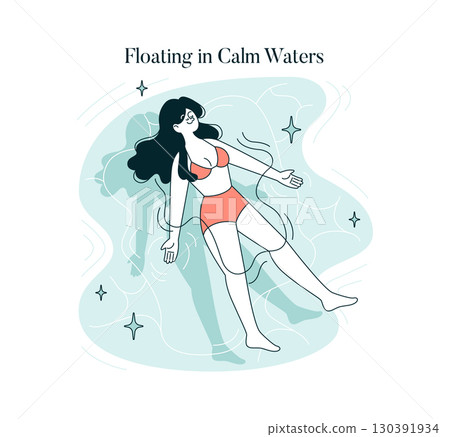 Vector illustration of a person peacefully floating on calm waters, eyes closed, showing relaxation and tranquility. Emphasizes a serene moment with a sense of peace. Vector illustration of a person peacefully floating on calm waters, eyes closed, showing relaxation and tranquility. Emphasizes a serene moment with a sense of peace. 130391934