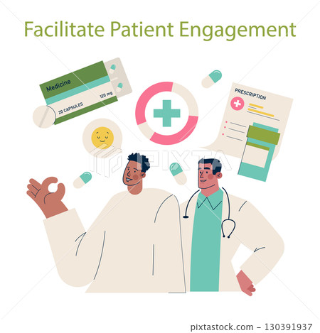 Vector illustration depicting a patient and healthcare professional discussing medication and prescriptions. Elements include medicine, capsules, charts, and health icons. 130391937