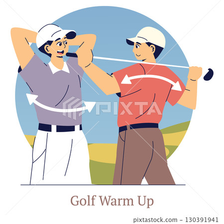 Two golfers stretching and warming up with smiles, showcasing a preparation routine before playing. Illustrated vector provides a glimpse into golf fitness and camaraderie. Two golfers stretching and warming up with smiles, showcasing a preparation routine before playing. Illustrated vector provides a glimpse into golf fitness and camaraderie. 130391941