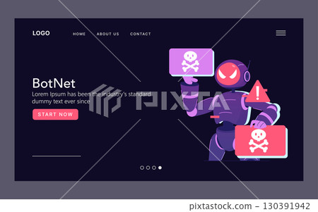A futuristic robot holding a skull and crossbones sign and warning indicator emphasizes cybersecurity threats. This vector illustration highlights digital danger and cybercrime risks. 130391942