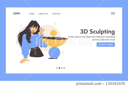 Vector illustration of a website banner featuring a woman demonstrating 3D art creation. She interacts with virtual shapes, suggesting creativity and technology in graphic design. Vector illustration of a website banner featuring a woman demonstrating 3D art creation. She interacts with virtual shapes, suggesting creativity and technology in graphic design. 130391976