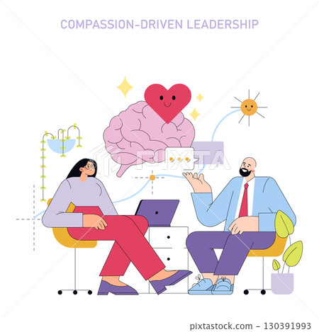 Vector illustration of a man and woman discussing compassion-driven leadership, featuring a brain with a heart. Emphasizes teamwork, empathy, and effective communication in a professional setting. 130391993