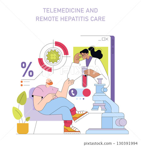 Vector illustration depicting telemedicine and remote hepatitis care. Features a patient consulting with a healthcare professional through a digital interface, emphasizing modern medical technology. Vector illustration depicting telemedicine and remote hepatitis care. Features a patient consulting with a healthcare professional through a digital interface, emphasizing modern medical technology. 130391994