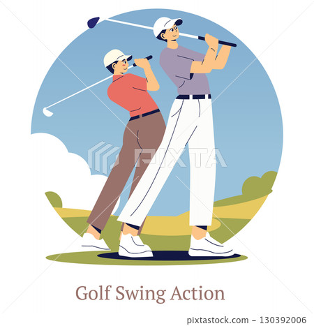 Two golfers complete their swings on a golf course in this vector illustration. They display focus and precision, capturing the essence of the sport in a stylized manner. Two golfers complete their swings on a golf course in this vector illustration. They display focus and precision, capturing the essence of the sport in a stylized manner. 130392006