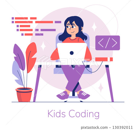 Vector illustration showing a girl engaging with coding on her laptop. The image features a colorful setup and portrays an educational scene depicting early programming skills for kids. 130392011