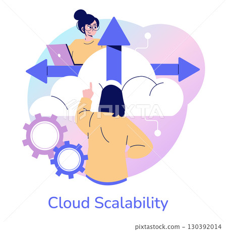 Vector illustration of cloud scalability shows a person interacting with cloud technology. Features gears, arrows, and cloud elements symbolizing digital growth and expansion. Vector illustration of cloud scalability shows a person interacting with cloud technology. Features gears, arrows, and cloud elements symbolizing digital growth and expansion. 130392014