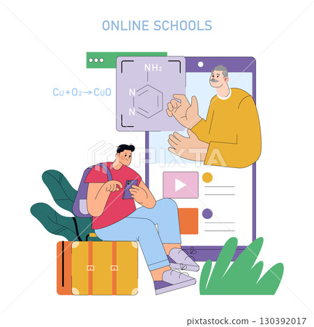 Vector illustration of a student engaging in online learning, using a tablet to interact with a virtual teacher on a large screen. Chemistry concepts are visually present around them. Vector illustration of a student engaging in online learning, using a tablet to interact with a virtual teacher on a large screen. Chemistry concepts are visually present around them. 130392017