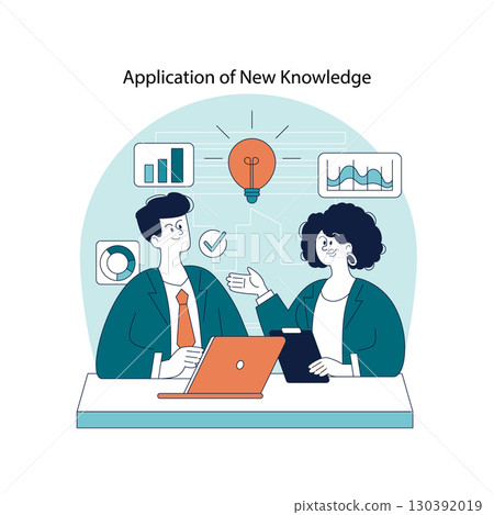 Vector illustration of two professionals discussing new business strategies at a desk. Concepts of teamwork, innovation, and data analysis are highlighted with charts and graphs. Vector illustration of two professionals discussing new business strategies at a desk. Concepts of teamwork, innovation, and data analysis are highlighted with charts and graphs. 130392019