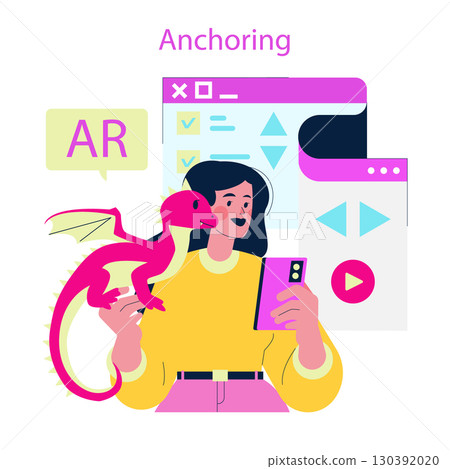Vector illustration of a woman interacting with an augmented reality app, displaying a dragon on her smartphone. The scene highlights modern technology and playful engagement. Vector illustration of a woman interacting with an augmented reality app, displaying a dragon on her smartphone. The scene highlights modern technology and playful engagement. 130392020